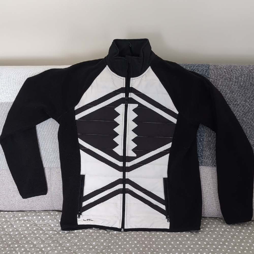 L-RL Lauren Active, Ralph Lauren Women's Black/White Aztec-Navajo Jacket ,L.